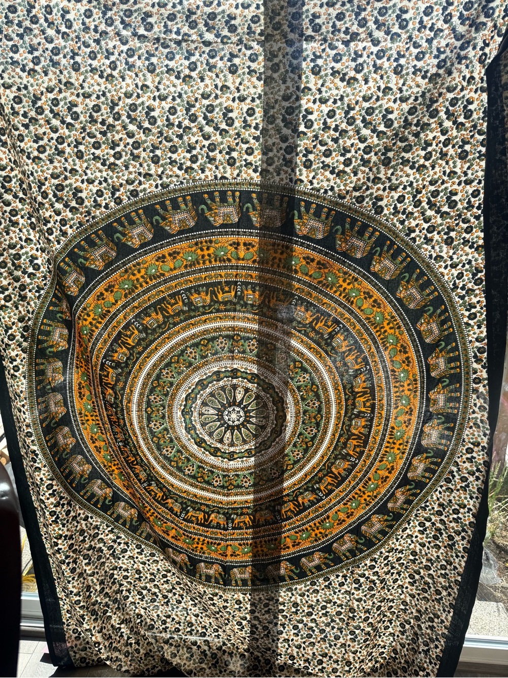 Boho Elephant Mandala Wall Tapestry in Green and Gold